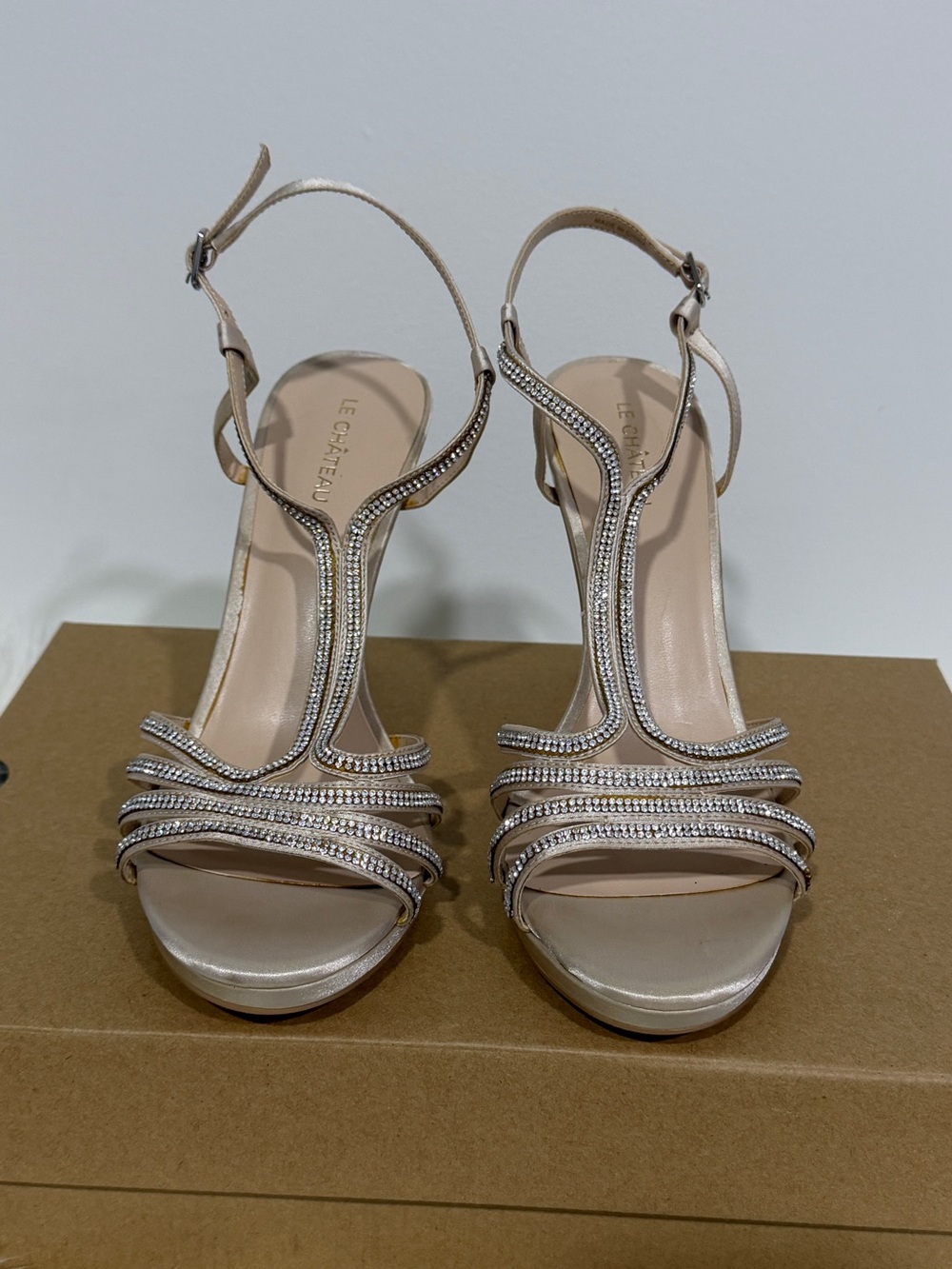le chateau Champagne Rhinestone T-Strap Heels Ladies